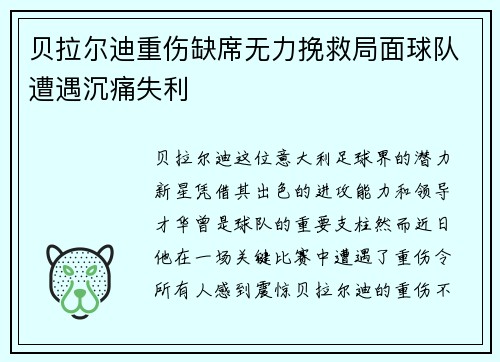 贝拉尔迪重伤缺席无力挽救局面球队遭遇沉痛失利