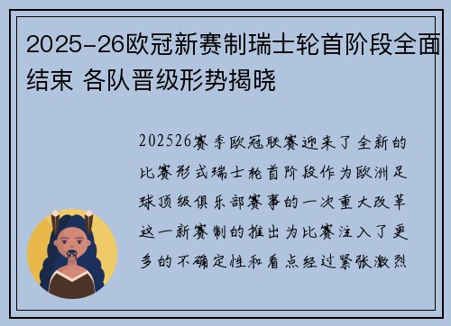 2025-26欧冠新赛制瑞士轮首阶段全面结束 各队晋级形势揭晓